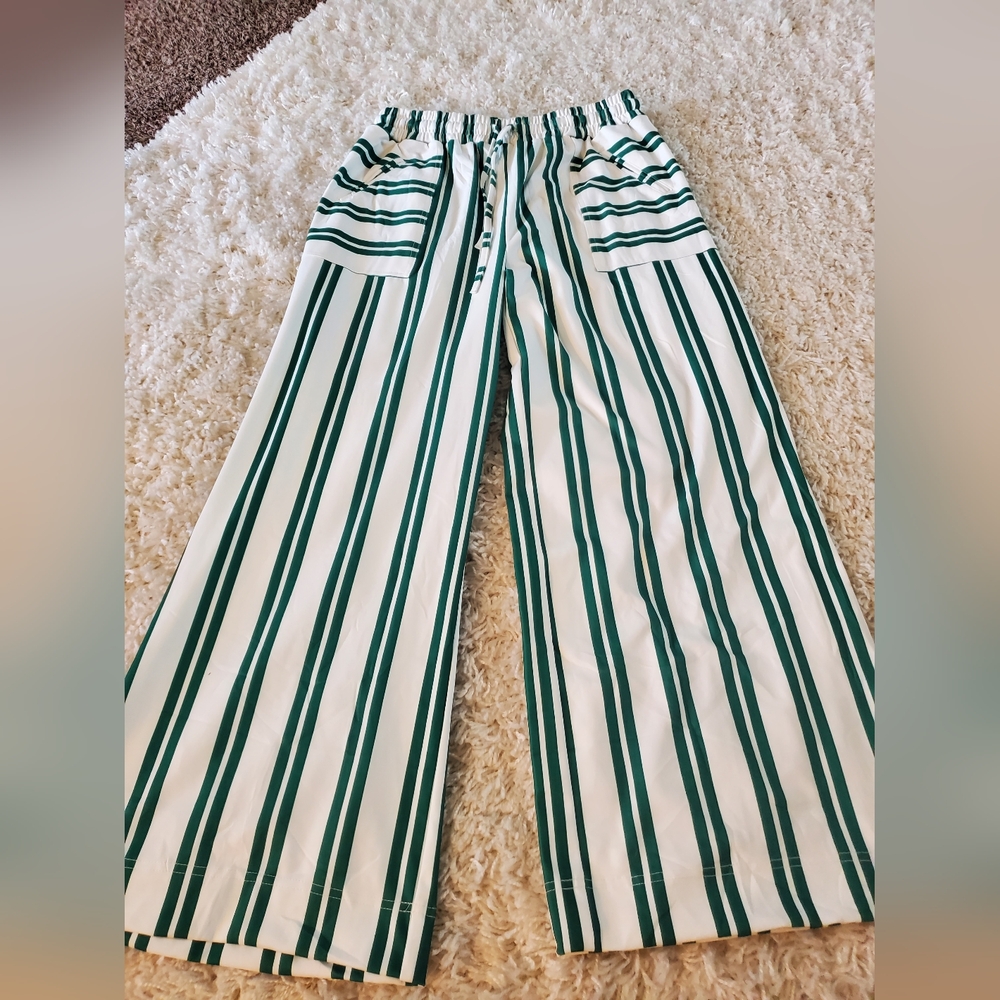 Striped Wide-Leg Pants in Green & White